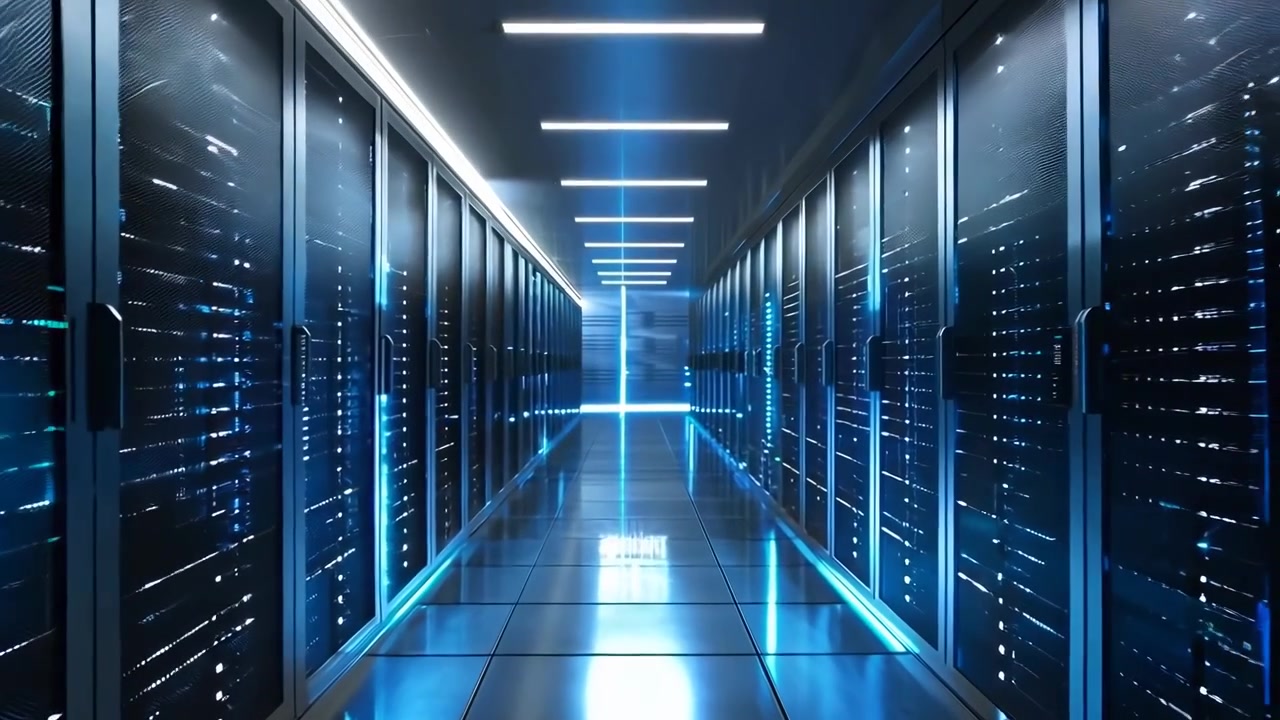 Digital Data Center Corridor with Glowing Server Racks