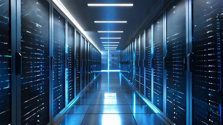 Digital Data Center Corridor with Glowing Server Racks