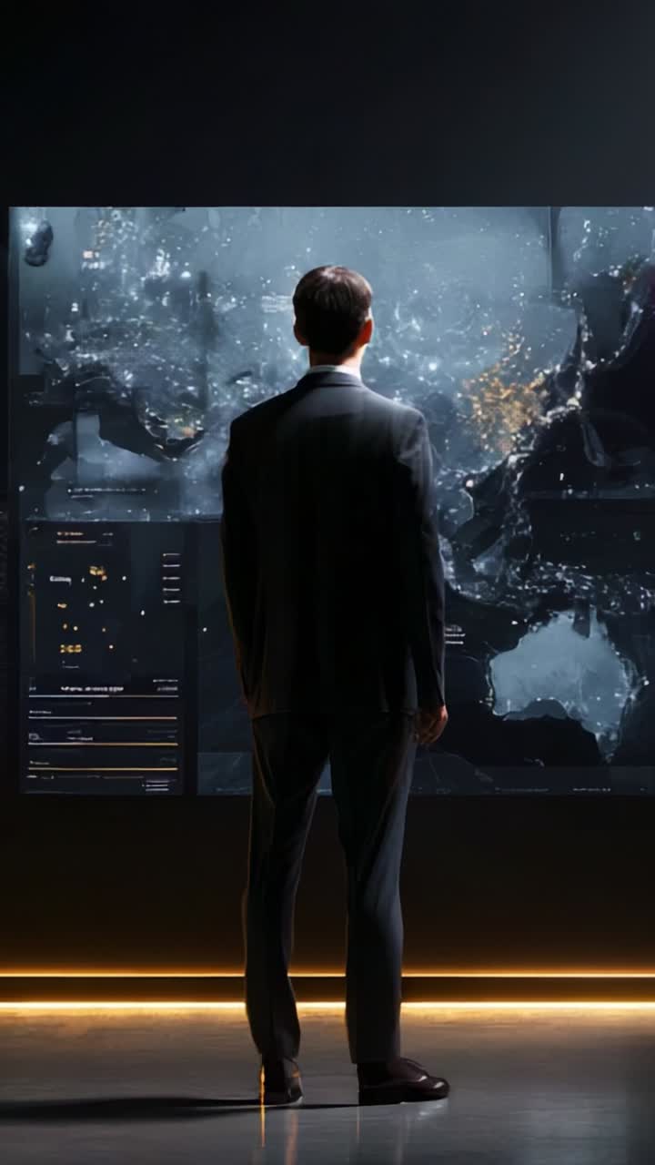 A Businessman Analyzing Global Data Insights on a High-Tech Display in a Dark Environment, Representing Modern Data Visualization and Decision-Making in 2023