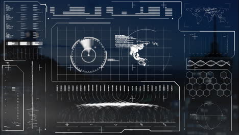 Animation-of-loading-bars,-soundwave,-radar,-map-and-globe-over-modern-building-against-sky