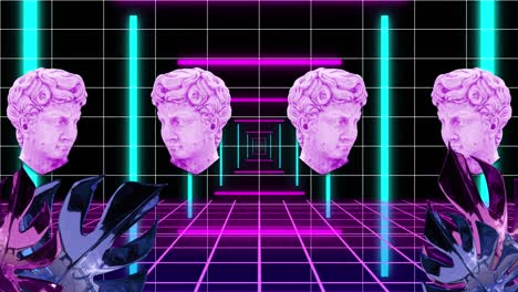 animación de esculturas de cabezas con interferencia sobre formas y hojas coloridas sobre fondo negro.