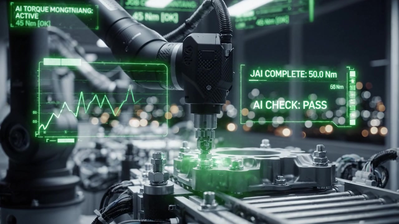 Advanced Robotics and Automation in a High-Tech Facility with Monitoring Indicators Displayed for Performance, Activity, and Job Completion Status