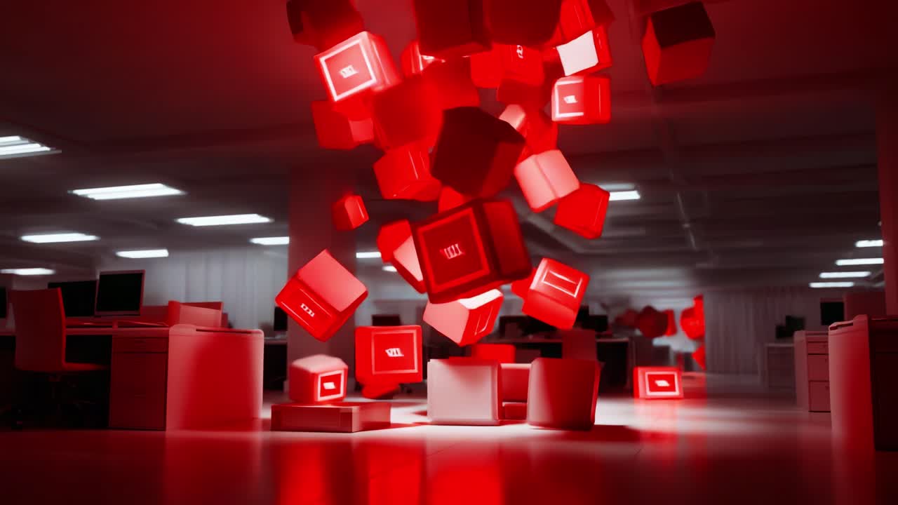 A captivating visual representation of dynamic energy in a modern office space, showcasing floating red cubes emitting light, symbolizing innovation and creativity in technology