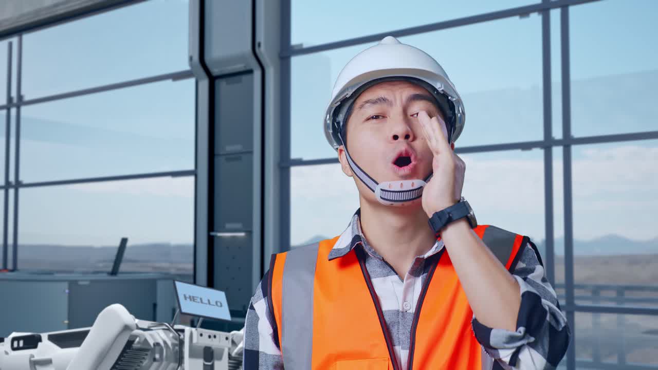 현대 공장에서 소리치는 건설 노동자