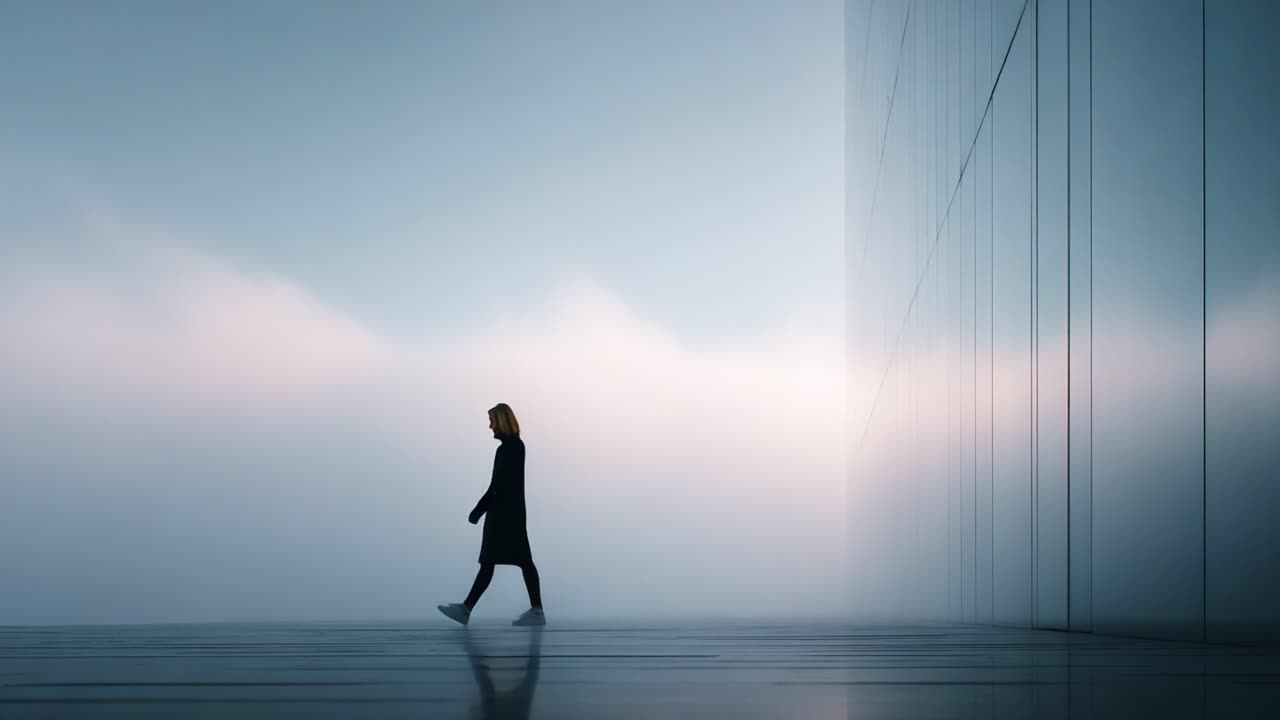 A lone figure gracefully walks against a backdrop of misty serenity, juxtaposed by a sleek vertical surface, creating an ethereal atmosphere that evokes introspection and calmness