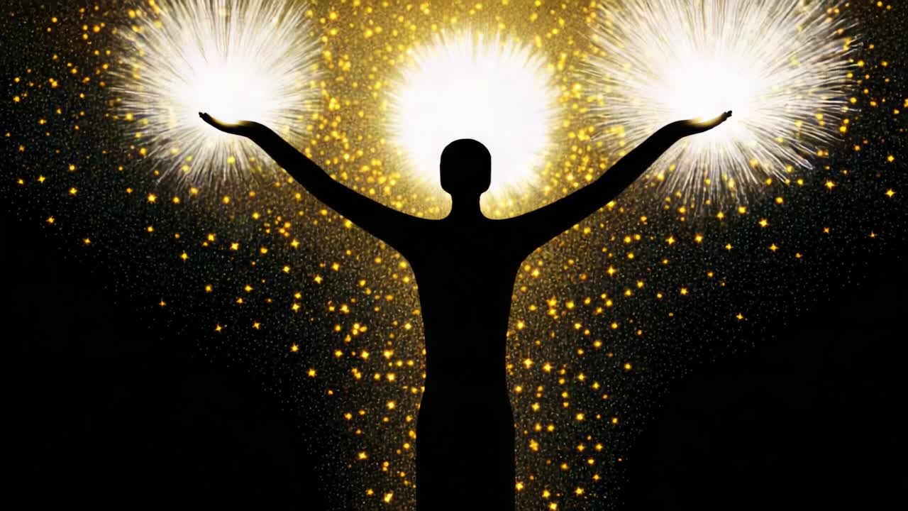 A Silhouette of a Person with Outstretched Arms Surrounded by a Mesmerizing Display of Glimmering Stars and Brilliant Light, Capturing a Moment of Celebration and Awe in a Dynamic Contrast of Light and Shadow