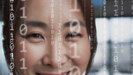 animation of digital icons, binary coding data processing over asian businesswoman in office