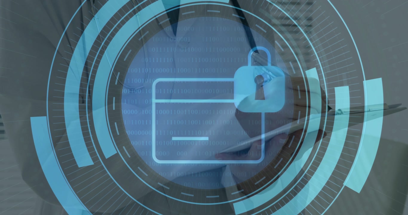 Female doctor writing clipboard initiating blue rings growing around padlock graphic securing data