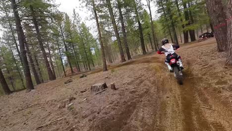 Race-drone-follows-female-dirt-bike-rider-through-forest-trees,-60fps