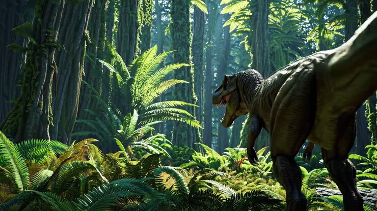 A cinematic video scene of a dinosaur in a lush jungle, captured from a low-angle