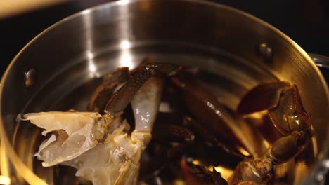 steaming crab legs in a stainless steel pot