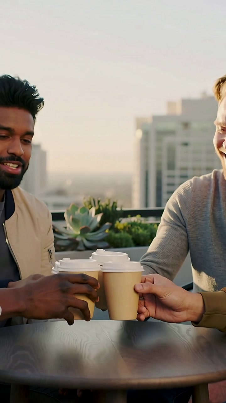 Vertical video: Smiling, two friends lifting three paper coffee cups to toast on rooftop terrace