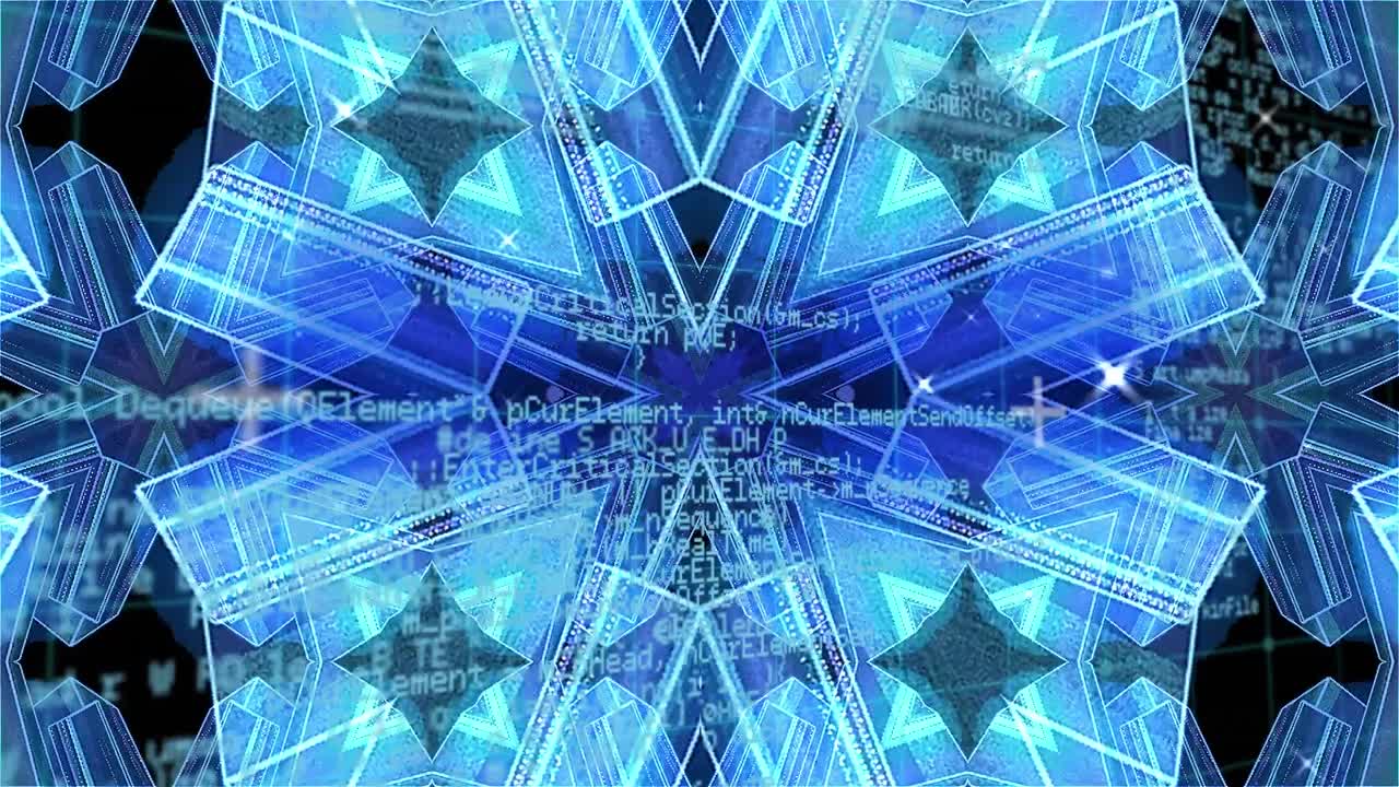 검은색 배경의 데이터 처리에 대한 칼레이도스코픽 패턴의 디지털 애니메이션