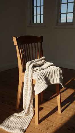 sunlit room with wooden chair and knitted blanket
