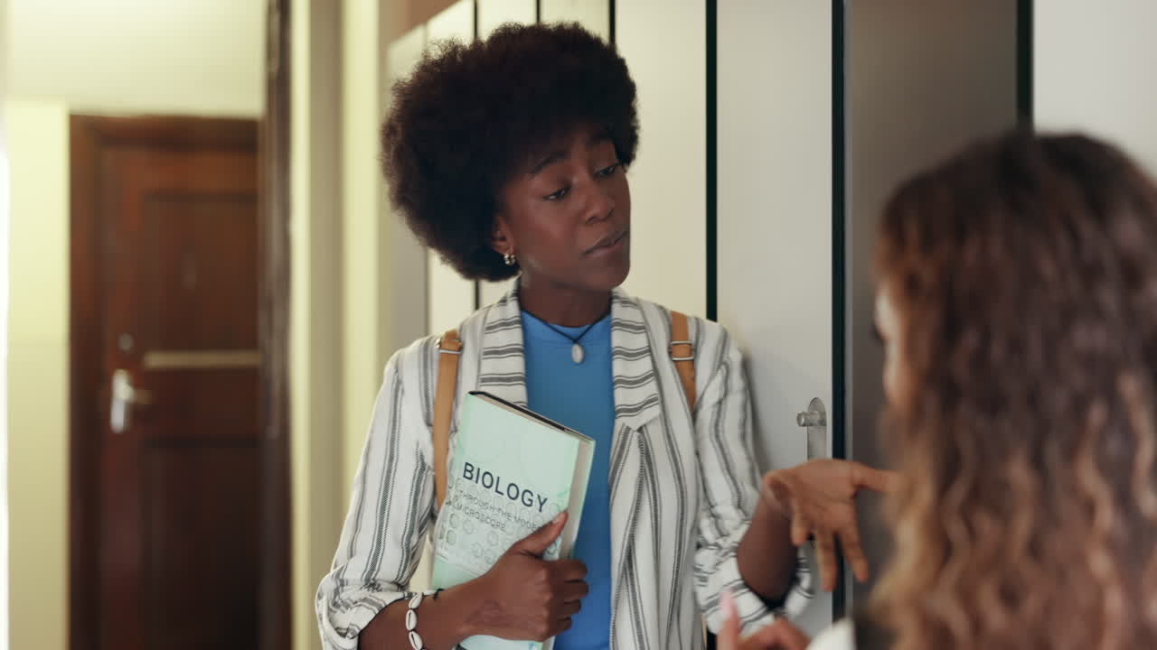 University, locker and women in college talking