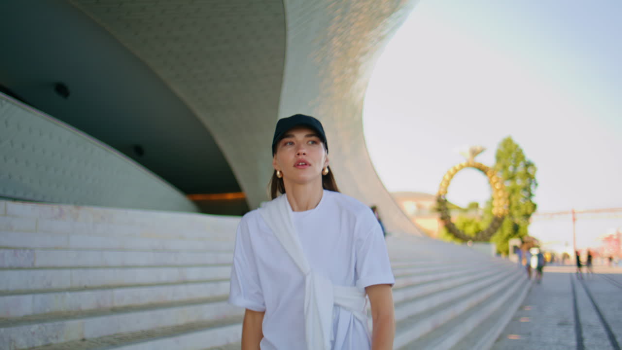Active woman tired jogging stopping at urban staircase closeup. Focused athlete