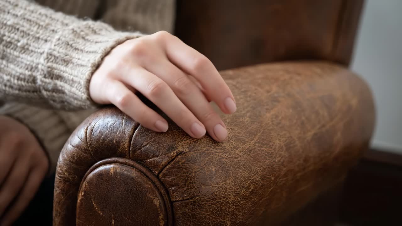 Lähikuva ruskealla nahkaisella nojatuolilla lepäävistä käsistä