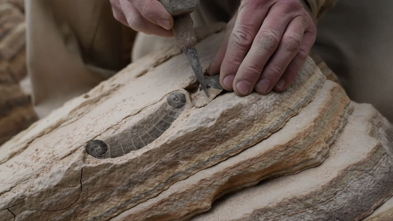 Close-up of a paleontologist excavating ammonite fossils from rock