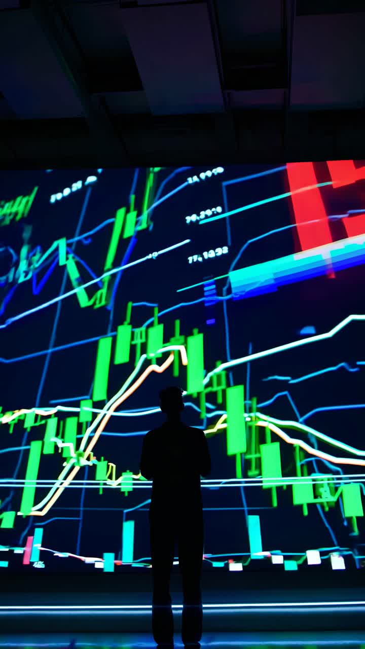 Silhouette of a person standing before a large digital stock market display
