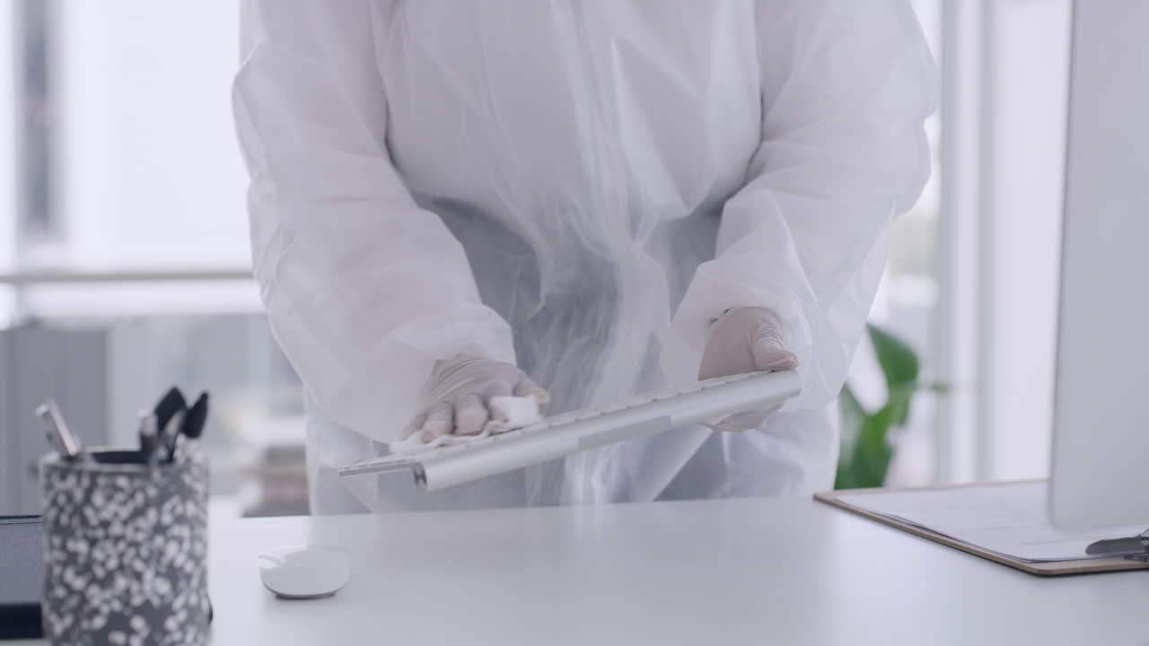 trabajador de la salud desinfectando la oficina