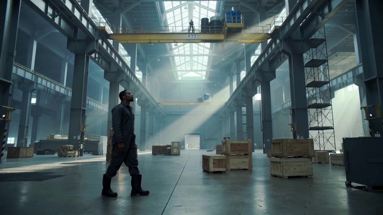 Spotting workers on gantry walking man in dark coat checking gantry at warehouse crates, copy space