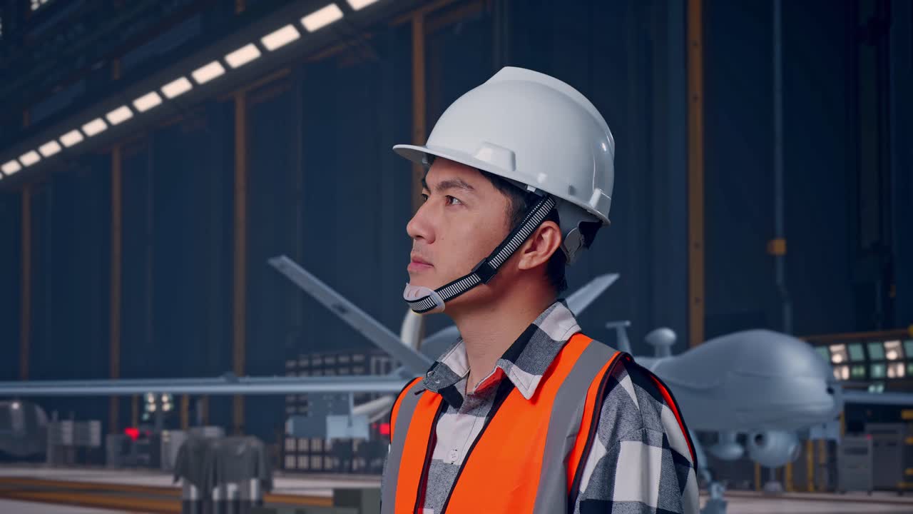 Vista laterale ravvicinata di un ingegnere asiatico con casco di sicurezza che si guarda intorno mentre è in piedi, accanto a un moderno drone militare in un hangar di manutenzione con illuminazione industriale.