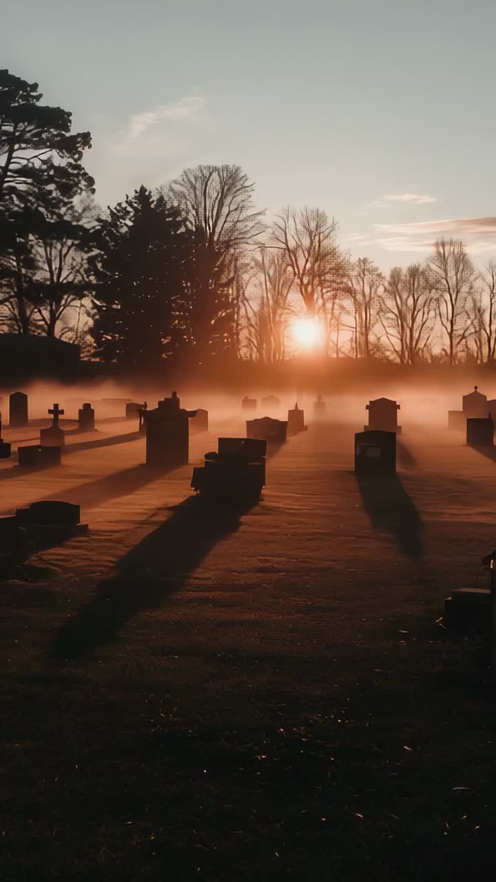 Vertical video: Rising sun sending warm light across rural cemetery revealing tombstones and fog