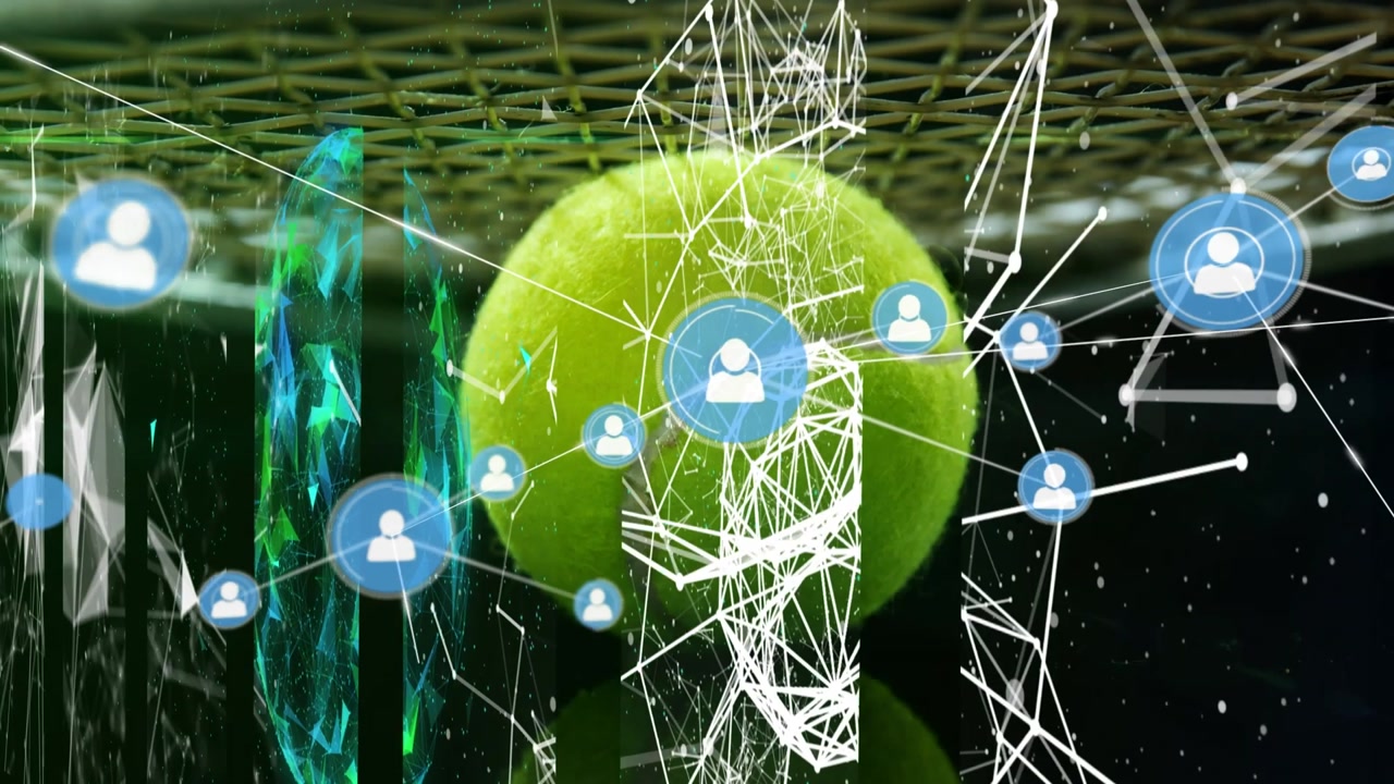 Animation of network of connection with people icons over tennis ball