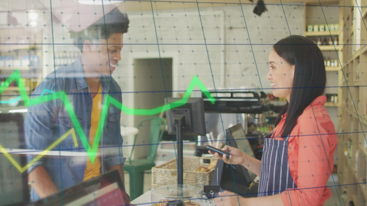 Animation of green lines, statistics and data processing over man paying with watch