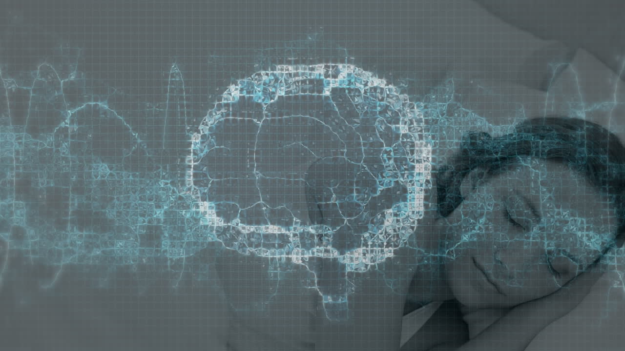 침대에 잠자는 백인 여성 위에 원을 가진 디지털 인간 뇌의 애니메이션