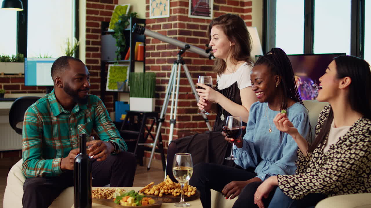 Culturally diverse friends talking, conversing with each other, drinking wine, tasting cheese