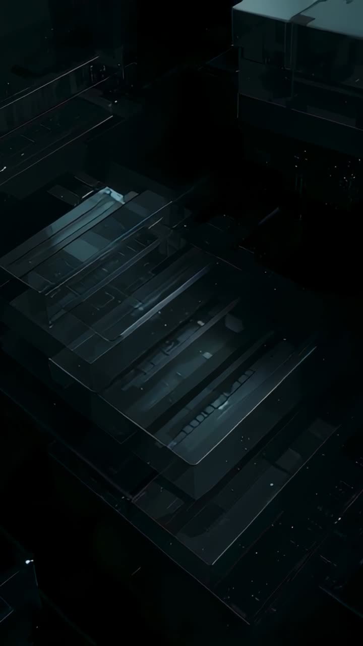 Vertical video: Moving camera revealing plate stack and box in dark void, showing depth with flecks