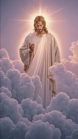 a divine figure in radiant robes stands among clouds, viewed from a low angle