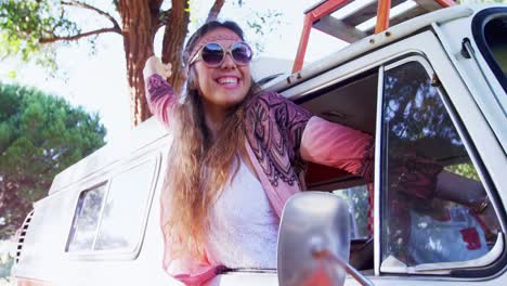 happy woman raising hands out of car window 4k