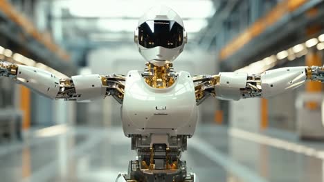 a humanoid robot standing in a factory with arms outstretched