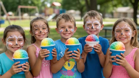 joyful children enjoying colorful snow cones on a sunny day at the park with face paint and smiles, capturing the essence of summer fun and friendship