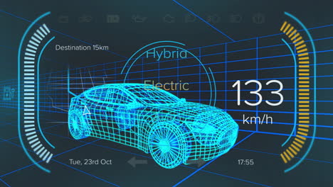 Animation-of-loading-bars,-changing-numbers,-icons,-text-in-speedometer-over-3d-model-of-car