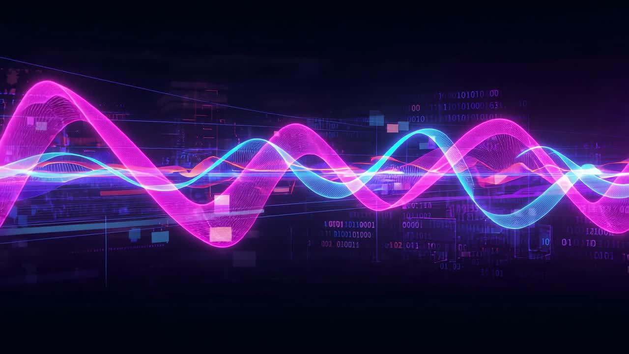 Emerging magenta and cyan ribbons oscillating in interface, shifting with blocks, scrolling digits