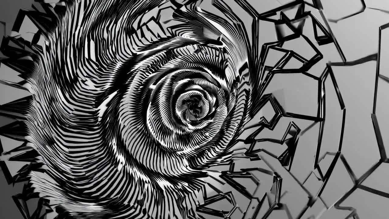 Padrão em espiral abstrato em preto e branco com um efeito dinâmico e rodopiante