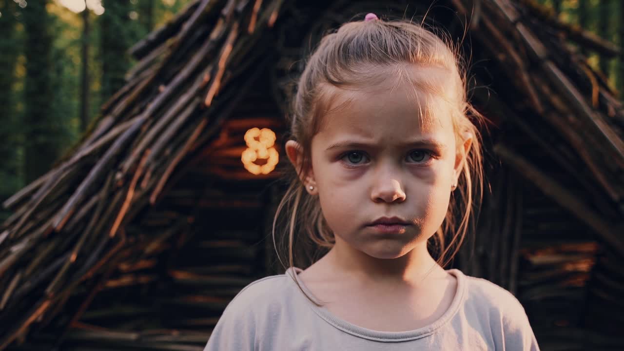 Young girl with serious expression stands in front of rustic wooden structure, showcasing emotional depth and connection to nature in a captivating scene