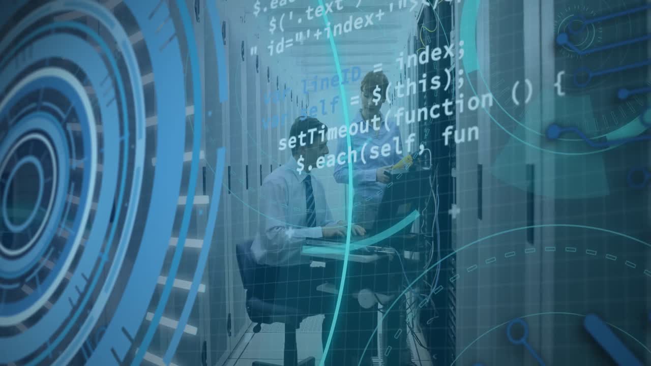 5g 텍스트 배너의 애니메이션은 서버 에서 일하는 백인 남녀 엔지니어에 대한 것입니다.