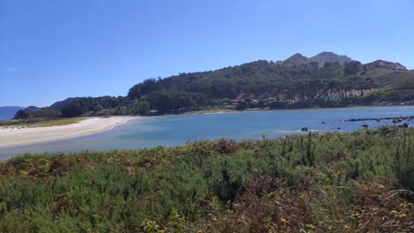 Camping-En-El-Bosque-De-árboles-Detrás-De-La-Playa-Con-Dunas-De-Arena,-Día-Soleado,-Tiro-Panorámico-Girando-A-La-Derecha,-Islas-Cíes,-Pontevedra,-Galicia,-España