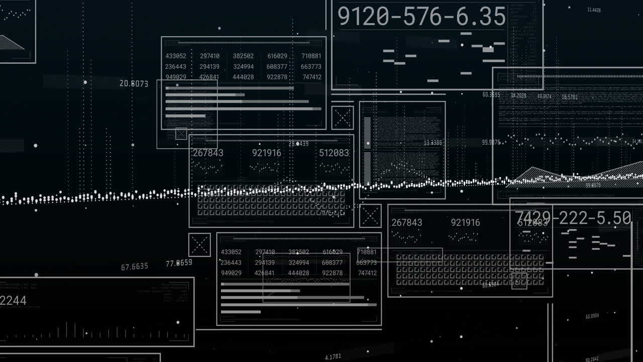 animación del procesamiento de datos sobre diagramas sobre fondo negro