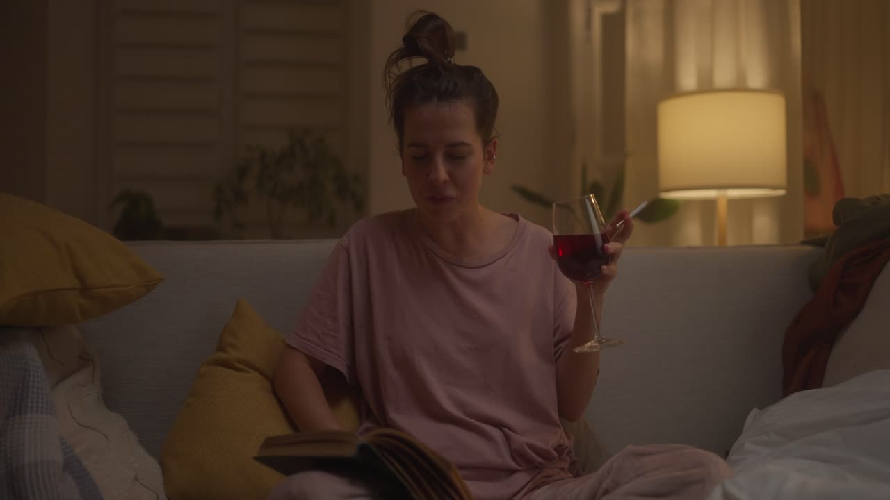Mulher relaxando em casa com vinho e livro