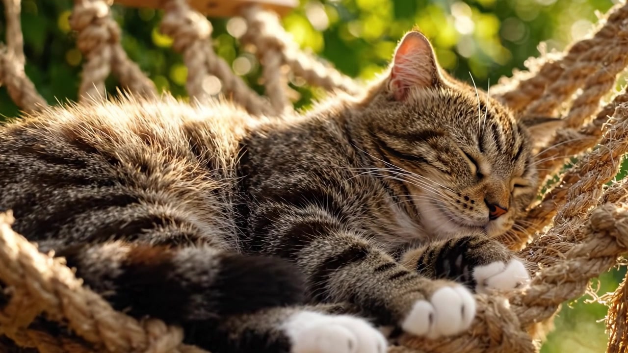Un gatto pacifico e sereno che si gode un pisolino idilliaco su un'accogliente amaca, circondato da una vegetazione lussureggiante in un ambiente esterno soleggiato.