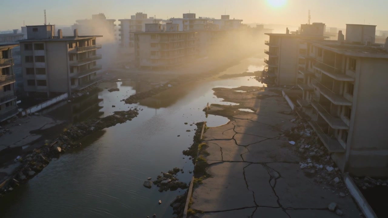 Gliding drone surveying canal and cracked road flanked by unfinished shells as sunrise casting haze
