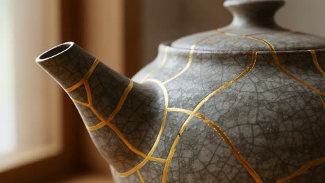 an artistic teapot captured in two frames: a close-up of exquisite craftsmanship and unique design showcasing intricate detailing and textures