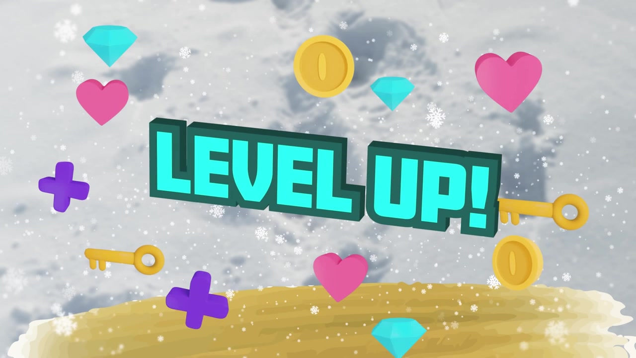 Muotojen animaatio "level up" -tekstillä lumen sataessa.