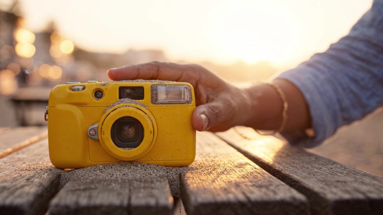 A vibrant yellow camera captures the essence of a golden sunset on a wooden table, embodying the perfect blend of nostalgia and modern photography.