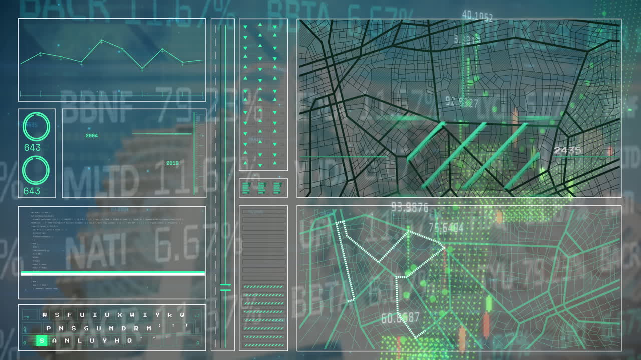 Animation of network of connections and moving columns over server room